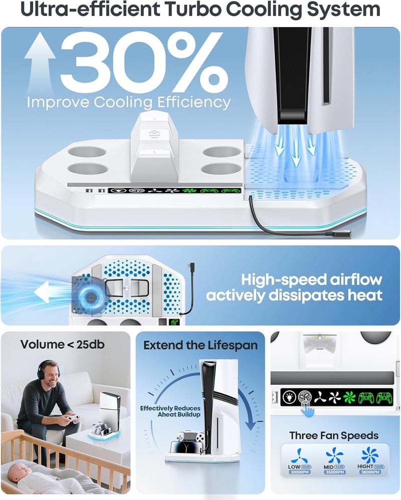 Gersker Cooling Station for PS5 with Dual Controller Charger Compatible with Playstation 5/Slim/Pro, PS5 Cooling Stand Station Vertical & 3 Level Cooler Fan, Controller Charging Dock, For PlayStation 3 Games - Image 2